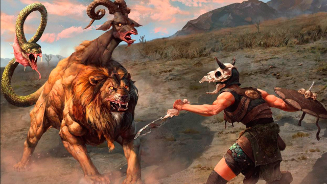 三头怪物客迈拉,喷出的火焰能熔化任何兵器,却被小伙儿一剑封喉