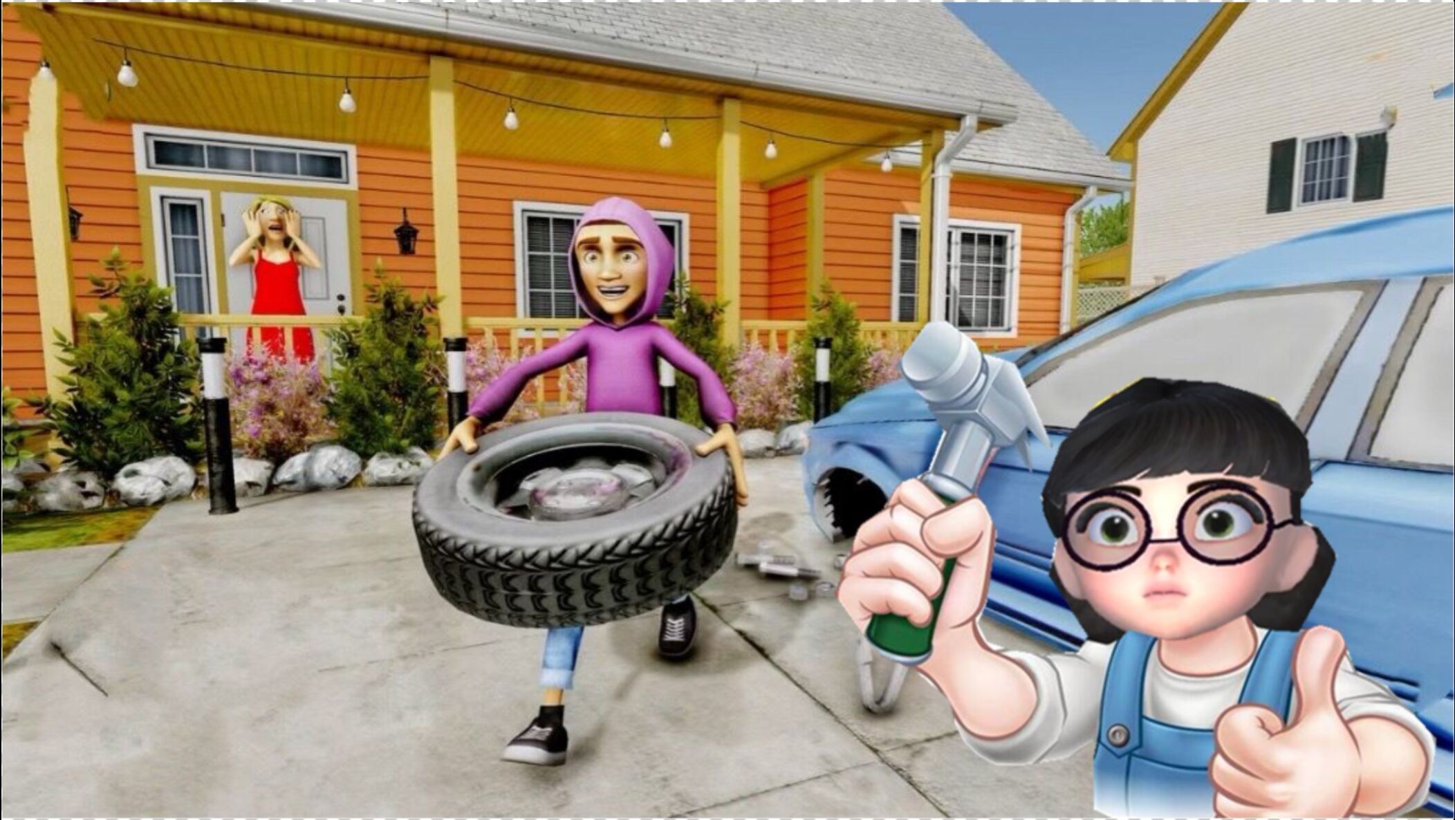 疯狂邻居邻居开汽车干扰我们跳广场舞塔米把汽车轮胎扎破了