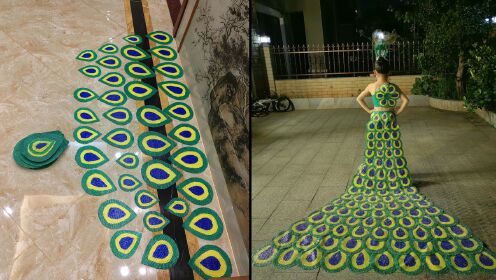 女儿参赛,妈妈用气泡膜手工做"孔雀开屏裙",一片片粘上成品惊艳