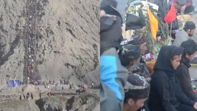 实拍:印尼成千上万的信徒聚集火山口,将祭品扔进火山口祈求平安