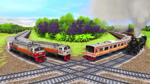 4列火车有序排列在中转站，运输煤炭的火车率先通行，最后绿皮车