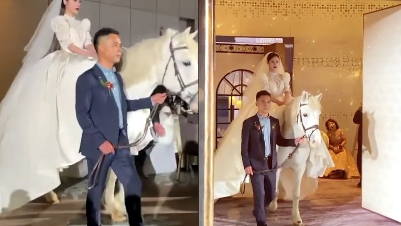 婚礼现场新娘骑着白马缓缓入场坐在马背上面端庄优雅，气质绝了_高清1080P在线观看平台_腾讯视频