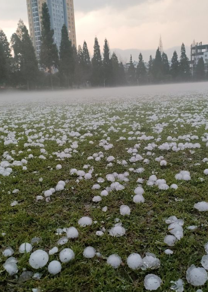 贵阳一校园足球场铺满鸡蛋大冰雹,拍摄者:很震撼,百年难遇