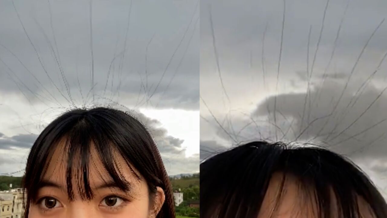 女子在雷雨天气中,展示头发竖起放静电特效,网友为她捏出一把汗