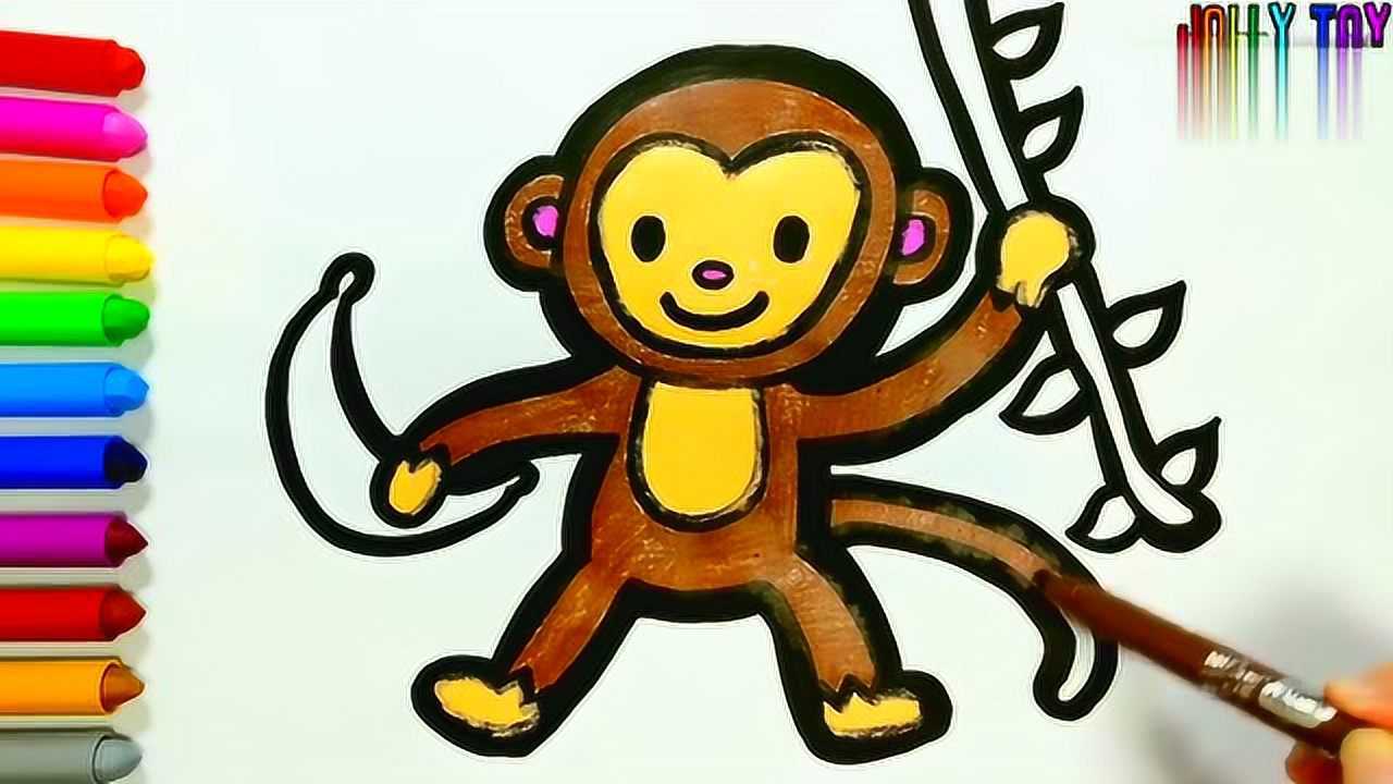 亲子早教绘画涂鸦 一只摘香蕉的小猴子边着色边学习英语