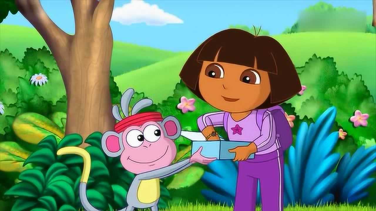 爱探险的朵拉朵拉收到快递鸭的彩虹彩带这时捣蛋狐出现了