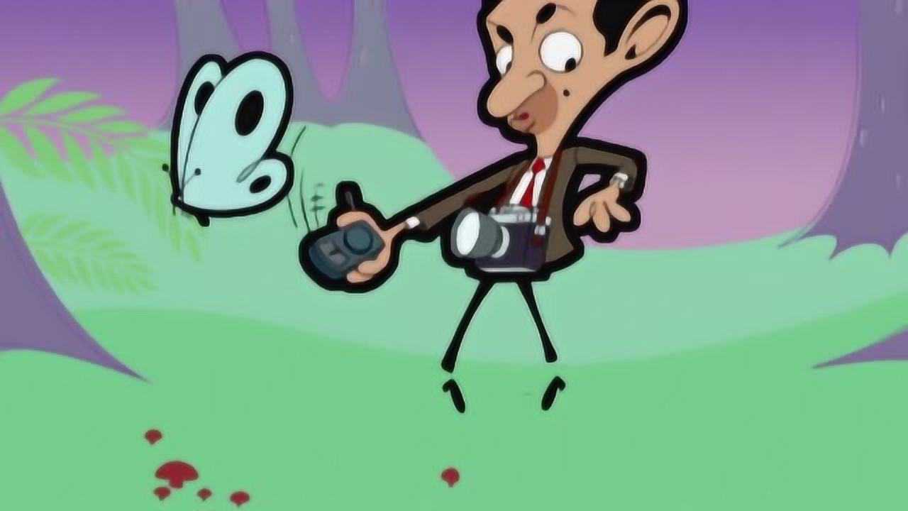 憨豆先生卡通版憨豆追着蝴蝶拍照