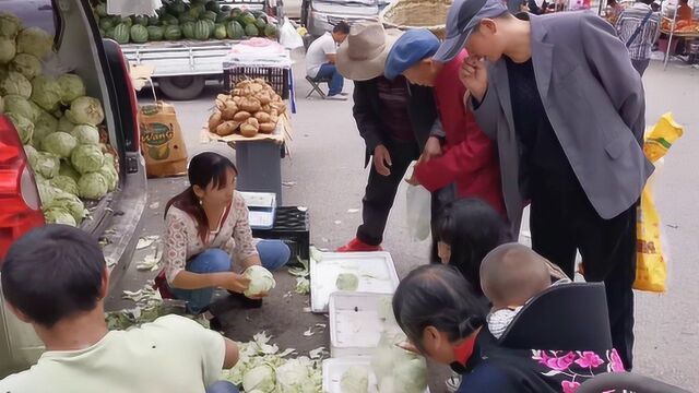 农村集市蔬果都用喇叭叫卖,好热闹,莲花白4公斤只要5块钱