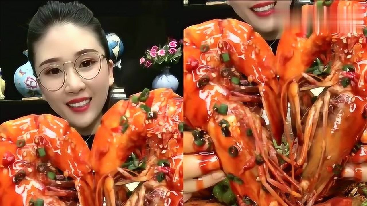 吃播美女太有钱了老虎虾蘸着辣油看着超过瘾是我向往的生活