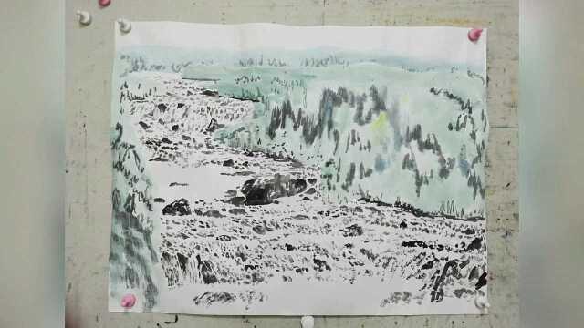 北疆的山水都很入画,今天画一张描写新疆的山水画.预计两天完成,今天刚刚开了个头,这幅画到目前为止才完成了1/3.