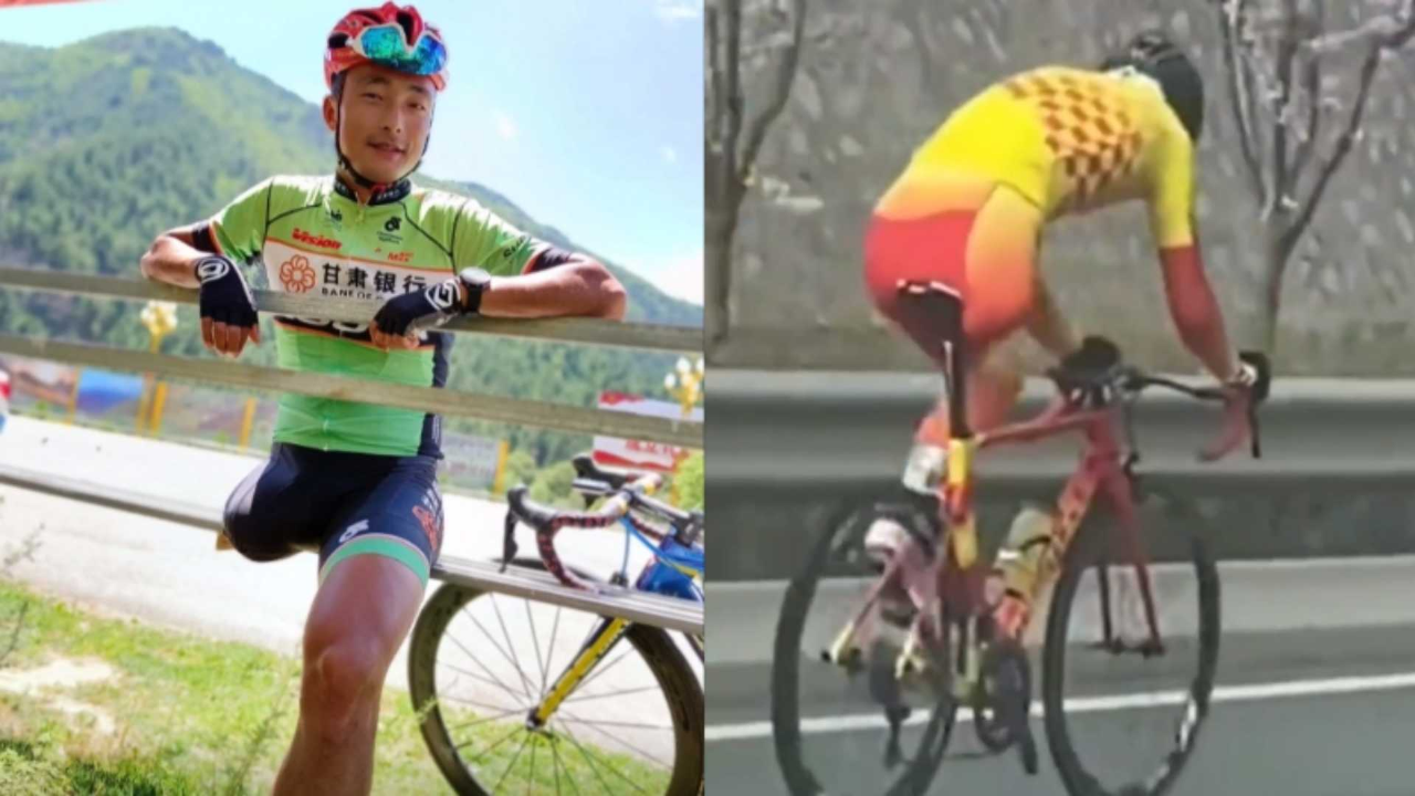 厉害路人偶遇单车骑行队最前方独腿骑手破风领骑速度惊人
