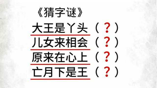 四个字谜:大王是丫头,儿女来相会,原来在心上,亡月下是王!