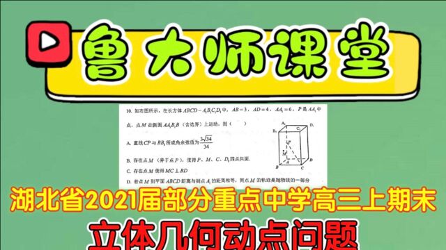 Q98.湖北省2021届部分重点中学高三上期末,立体几何动点问题