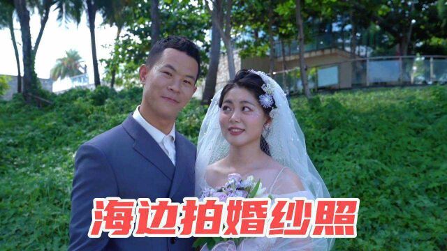 三亚海边拍婚纱照,盼盼用肩膀扛起108斤小乔,爱情的力量!