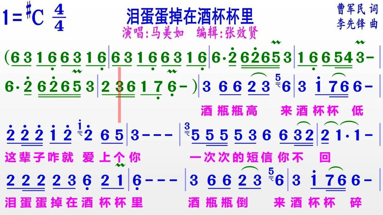 马美如演唱泪蛋蛋掉在酒杯杯里的完整版彩色动态简谱