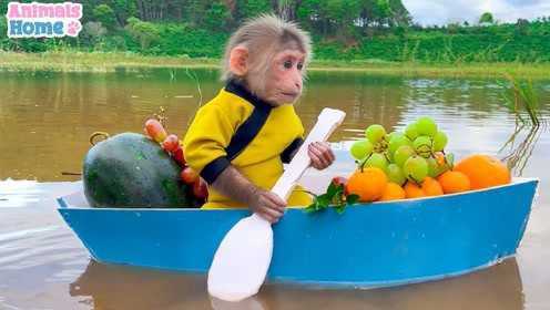 聪明小猴自制简易小船去捞水果