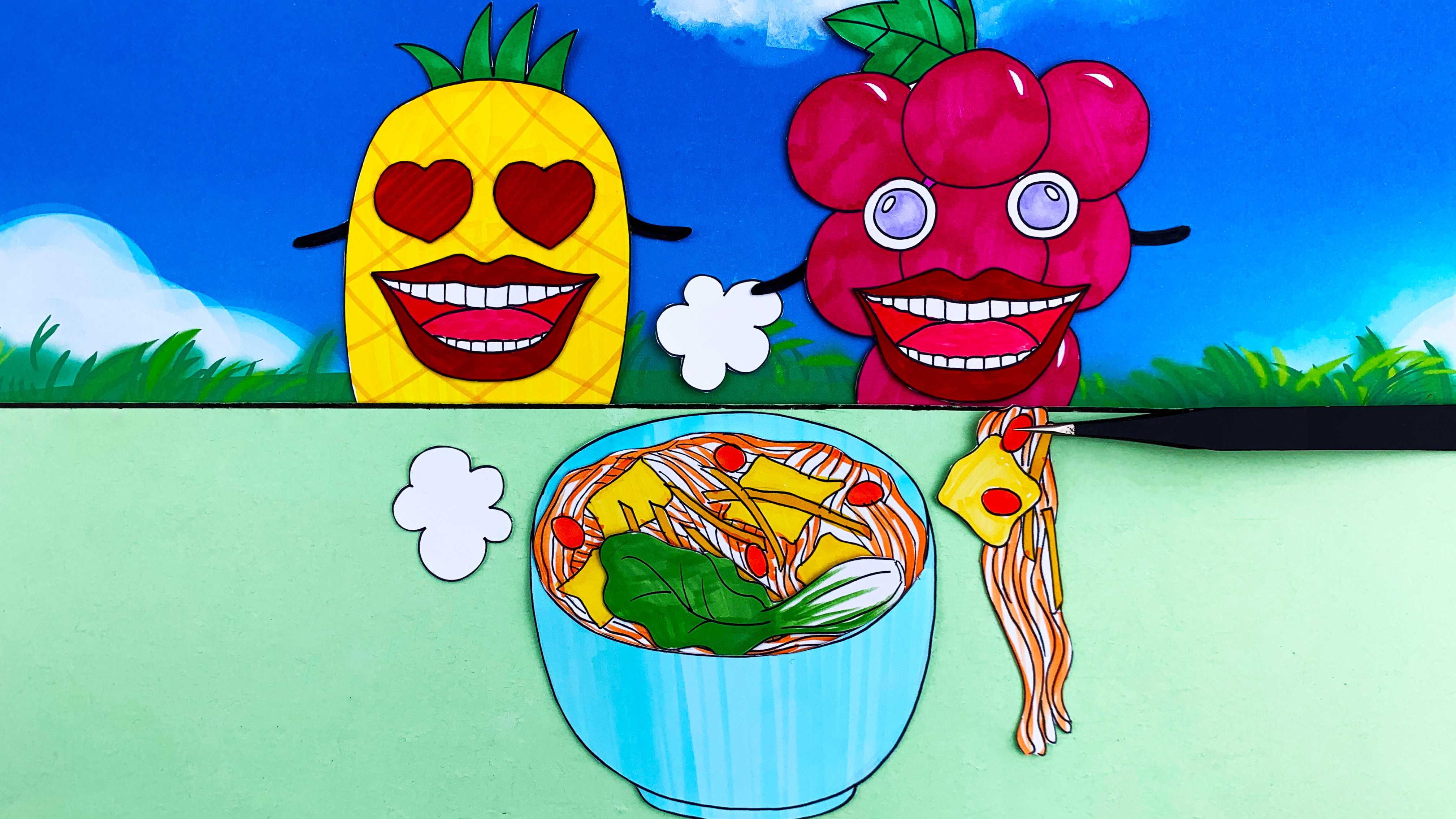 二毛手绘定格动画手绘定格动画小葡萄和小菠萝一起吃酸辣可口的螺蛳粉