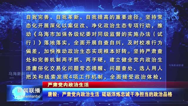 唐毅:严肃党内政治生活 砥砺淬炼忠诚干净担当的政治品格