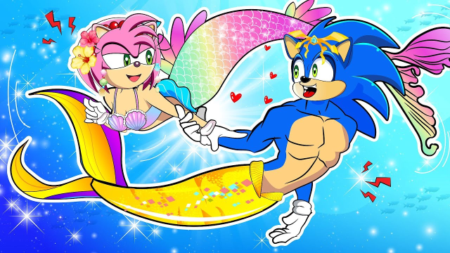 索尼克动画:艾米和索尼被露姬推进海里变成美人鱼,露姬变成大丑鱼