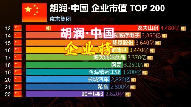 胡润中国企业市值榜TOP 200,科技巨头开挂一般!