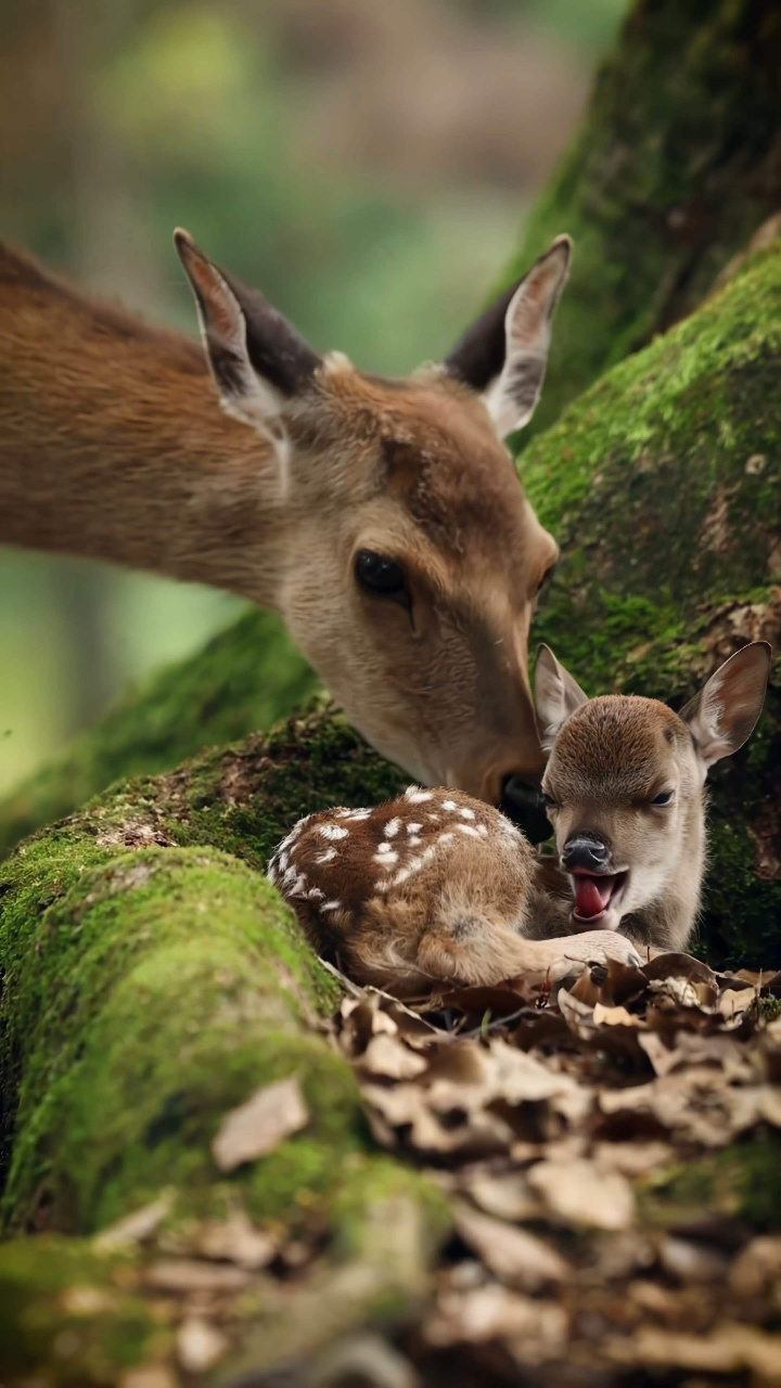 刚刚出生的小鹿,鹿妈正在舔干身体.