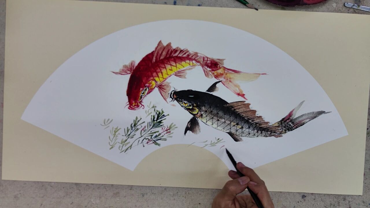 黑鲤鱼与红鲤鱼组合扇面