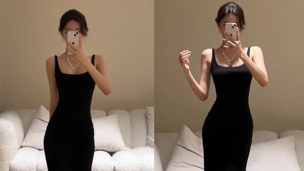 女生身穿黑色长裙对镜自拍,前凸后翘走起路来婀娜多姿,网友美翻