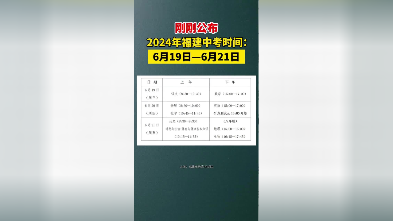 刚刚公布2024年福建中考时间6月19日6月21日