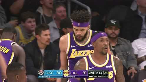 《NBA全场回放》【原声回放】雷霆vs湖人第2节 詹姆斯击掌招募乔治？