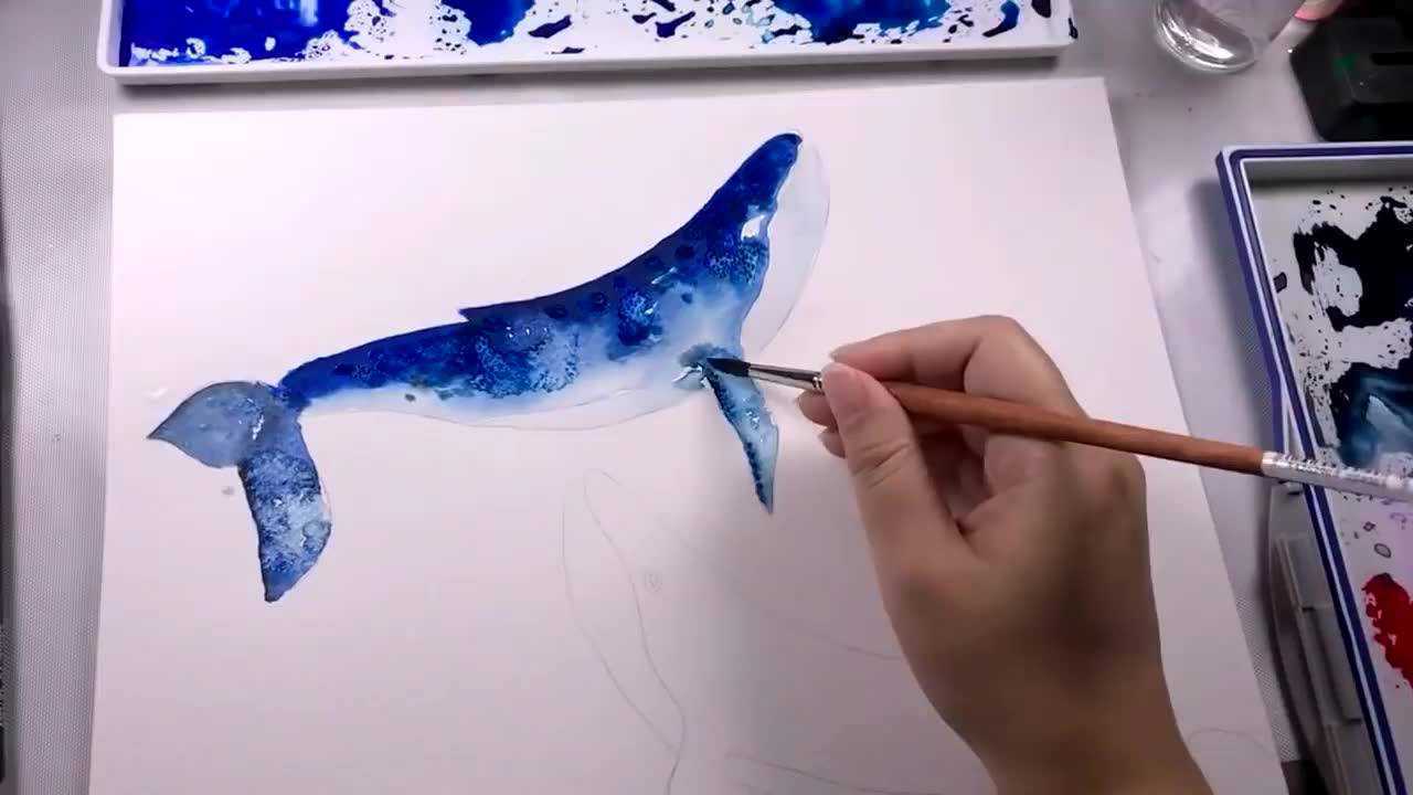 【一间画室】零基础水彩教学视频——鲸鱼