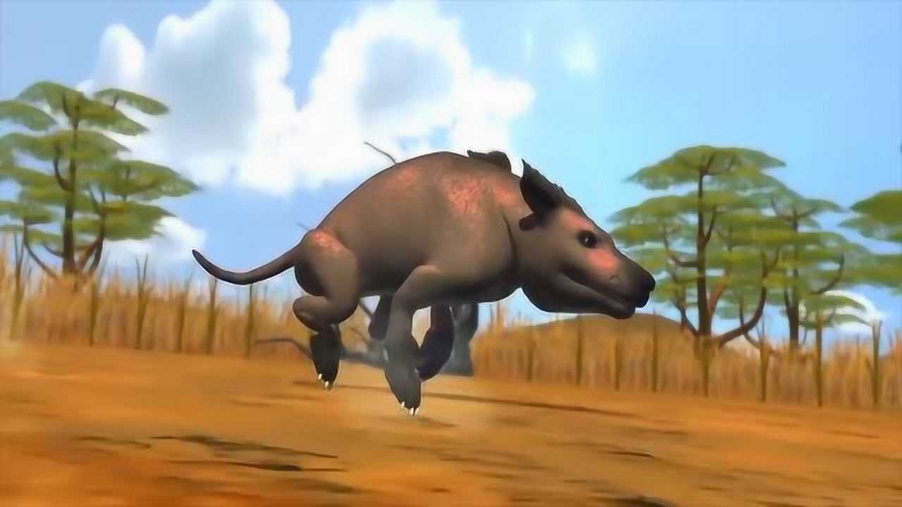 动画:冰河世纪剑齿虎与安氏中兽搏斗,剑齿虎凭长牙胜出,取得胜利.