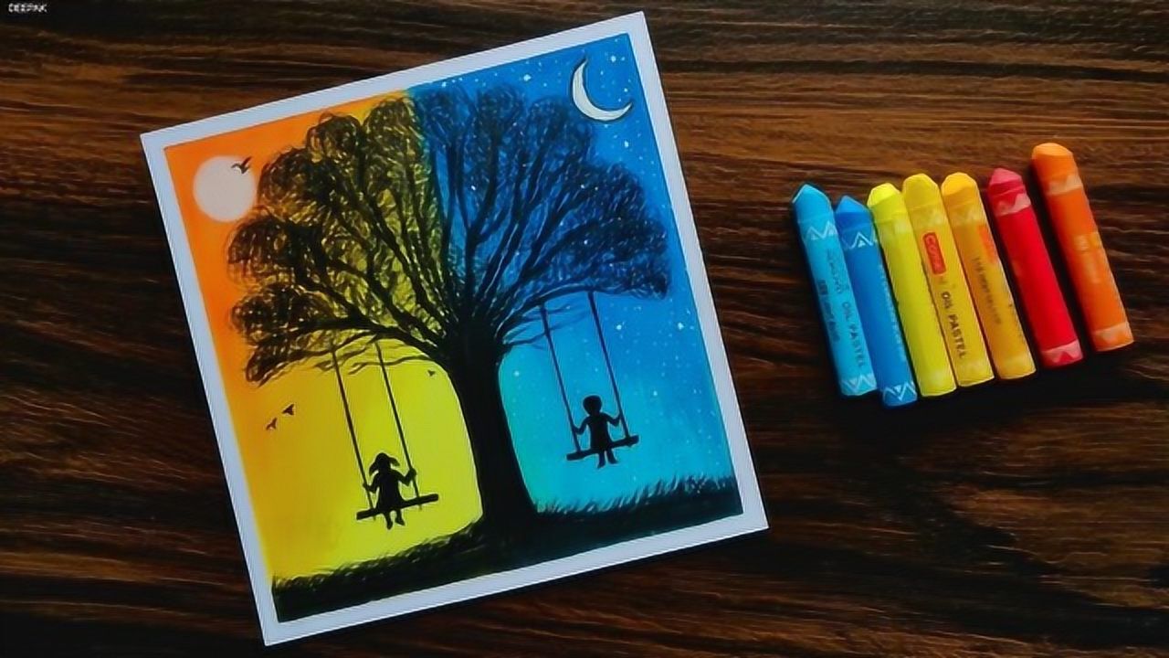 创意油画棒风景画安静的天空日月交融的夜晚