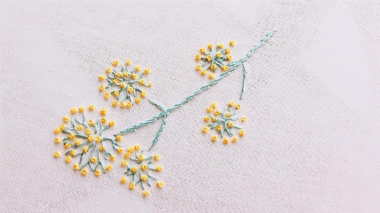 手工刺绣一束小黄花,用刺绣针法"飞鸟绣"绣制细花枝简单又形象
