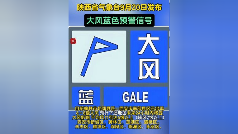 陕西省气象台9月20日发布大风蓝色预警信号