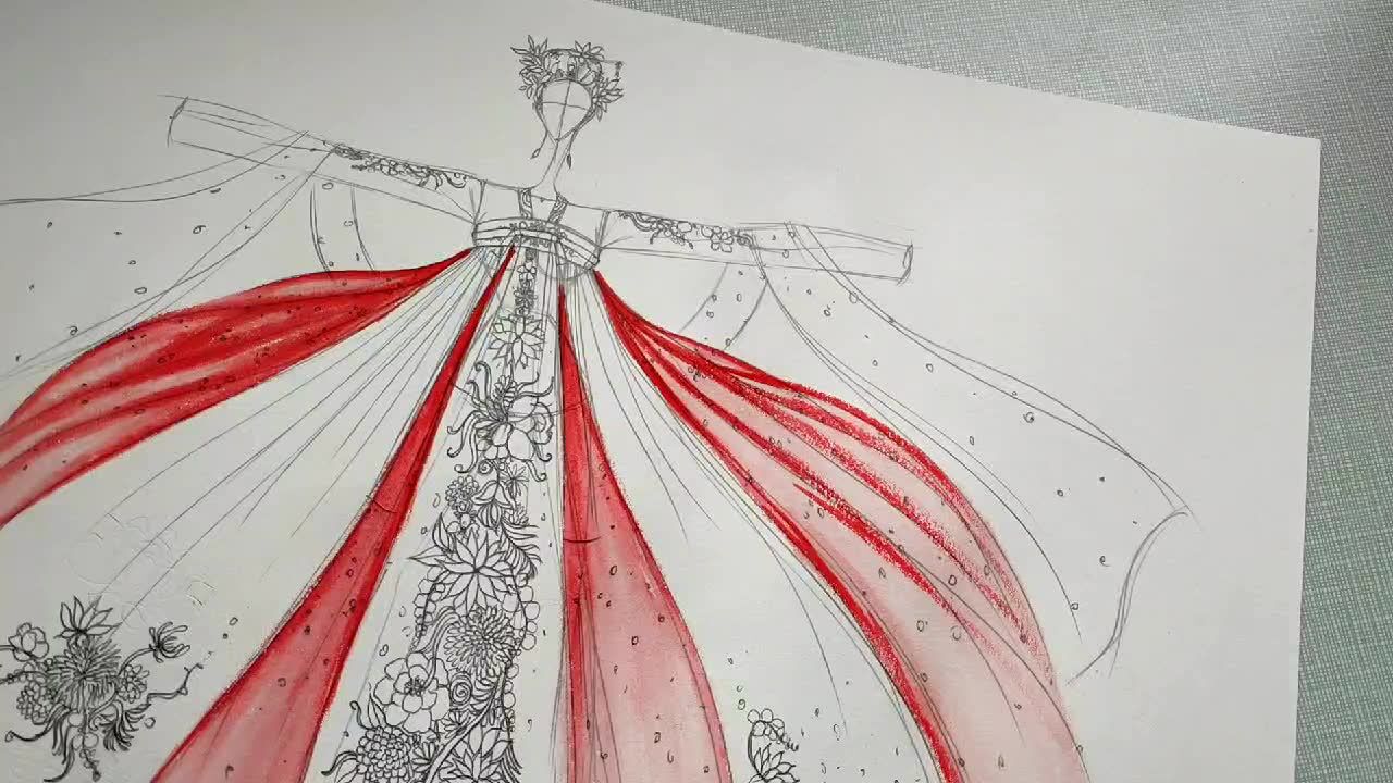 汉服设计教程:水彩上色齐胸襦裙!花朵图案齐胸襦裙设计