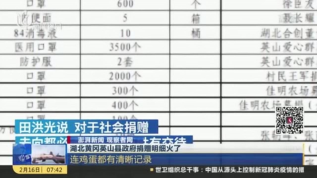 湖北黄冈英山县政府捐赠明细火了 连鸡蛋都有清晰记录