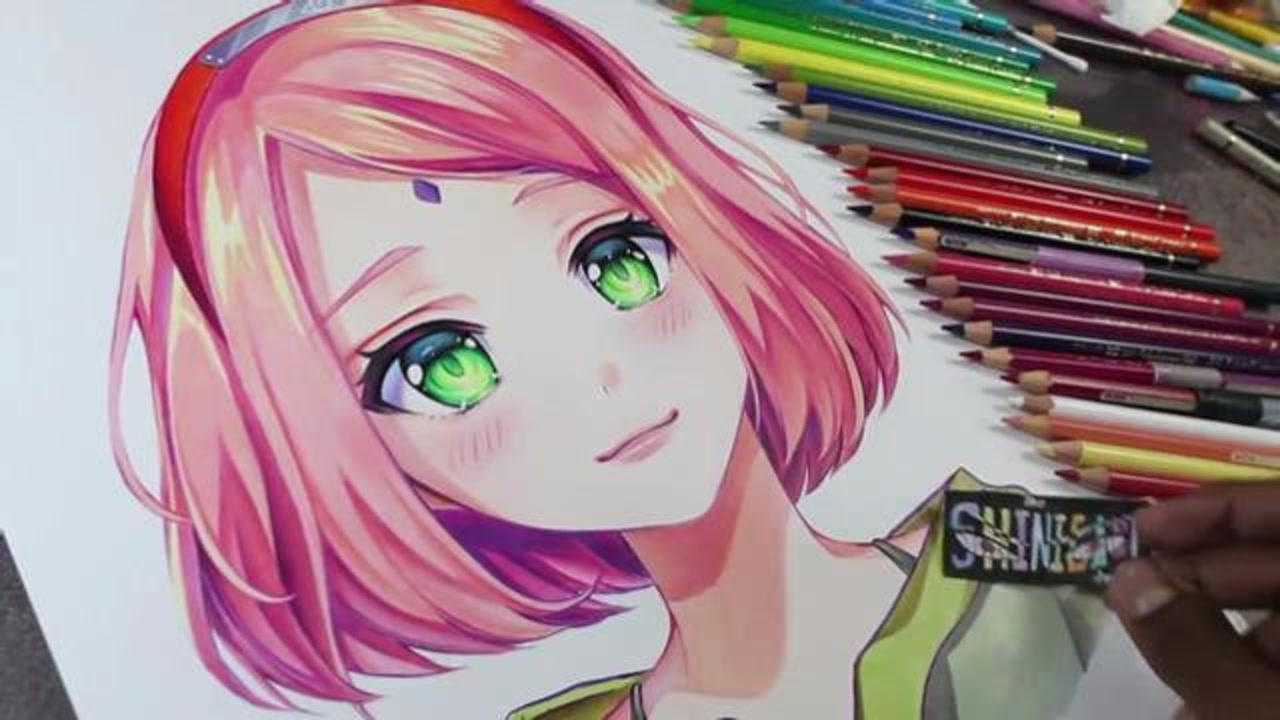 用彩铅怎样把动漫人物头发画的漂亮有光泽!来看看高手画的春野樱