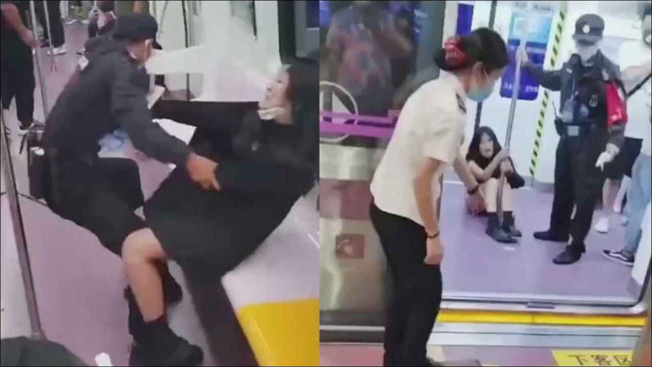 女子大闹西安地铁被保安强拽下车衣服被撕烂走光呼喊“救命”_高清