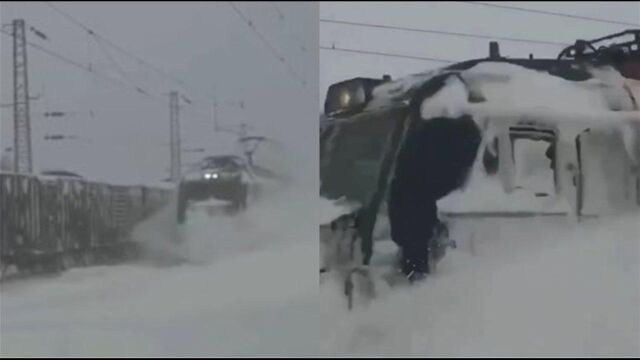 内蒙古通辽遭遇暴雪,积雪深度破纪录!实拍火车“破雪”前行