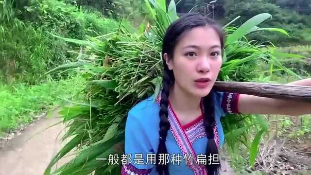 三妹披着蓑衣上山割草,一人扛着50斤去喂鱼,当鱼塘塘主真不容易