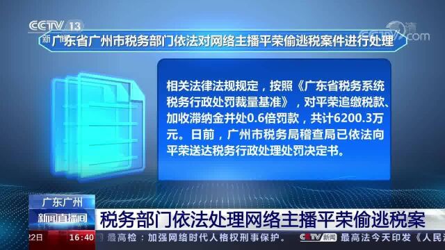 网络主播平荣偷逃税被追缴并罚款6200.3万元