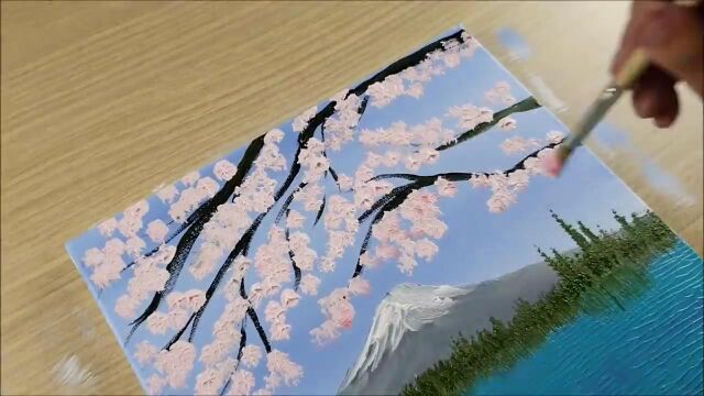 丙烯画之富士山与樱花