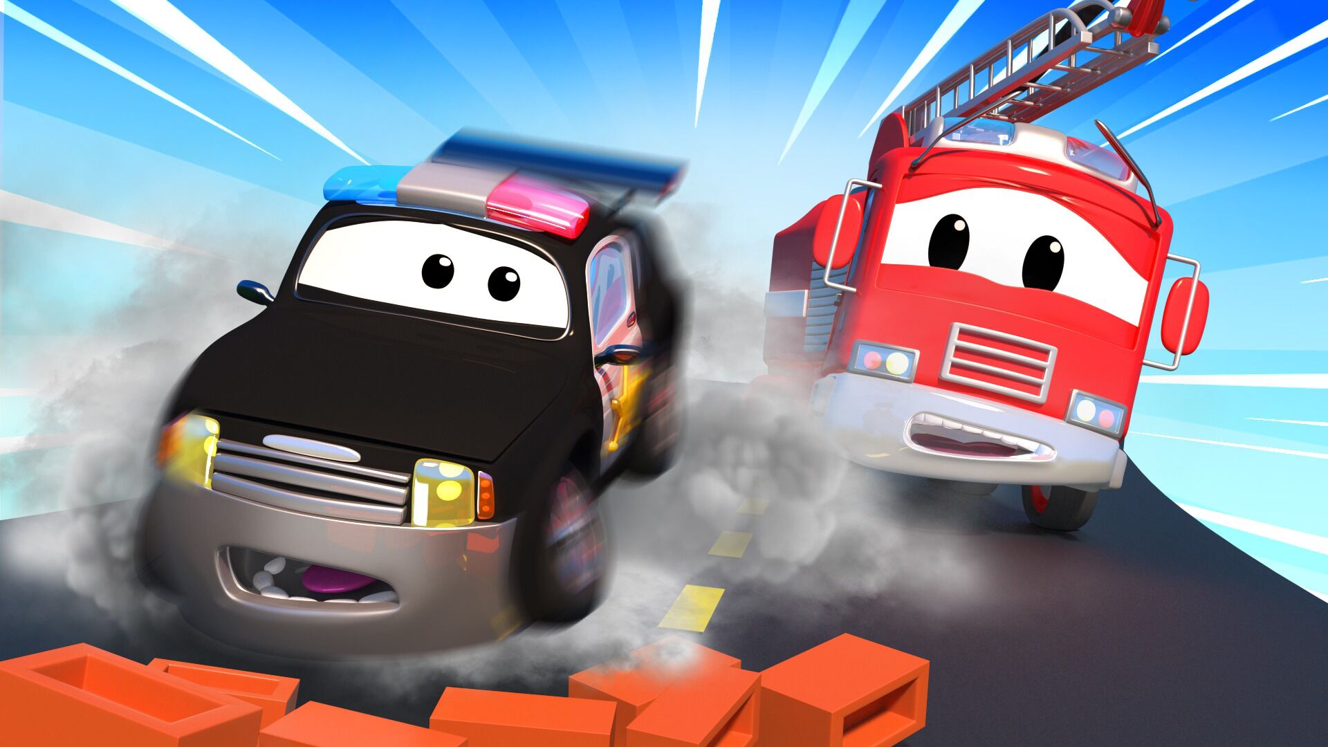 汽车城之警车和消防车第17集路中央的神秘砖头