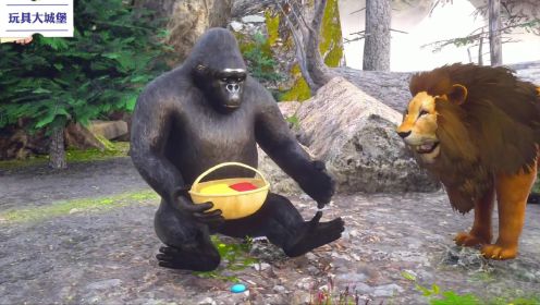 猩猩动画系列：小猴子大猩猩和狮子分享美味的糖果