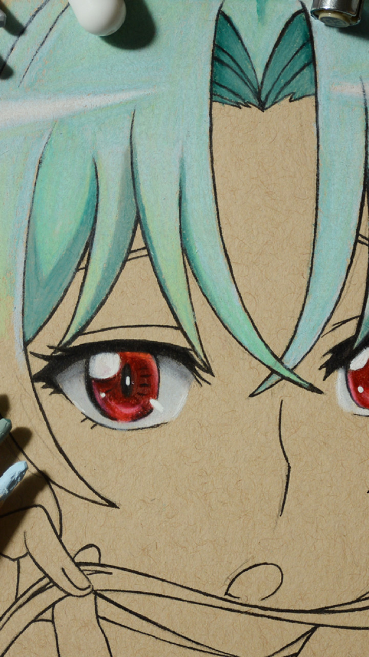 59a 彩铅手绘一个碧发赤瞳的动漫女孩