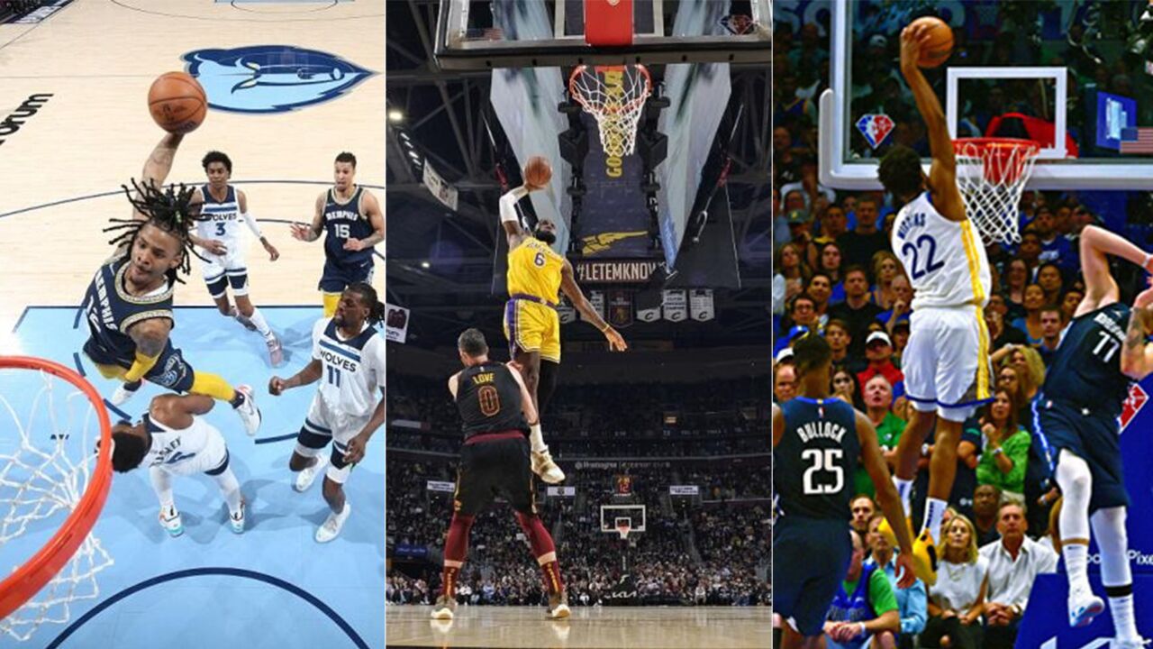 nba官方2022年十大扣篮:维金斯滑翔战斧隔扣东契奇,莫兰特扣翻比斯利