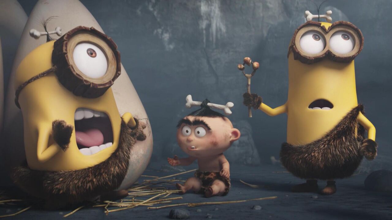 小黄人给原始人带娃,不小心给恐龙叼走了