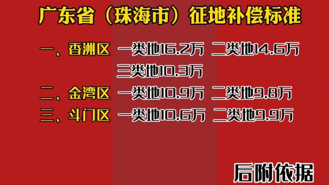 广东省(珠海市)征地补偿标准