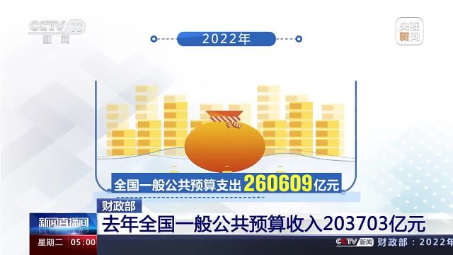 财政部:2022年全国一般公共预算收入203703亿元