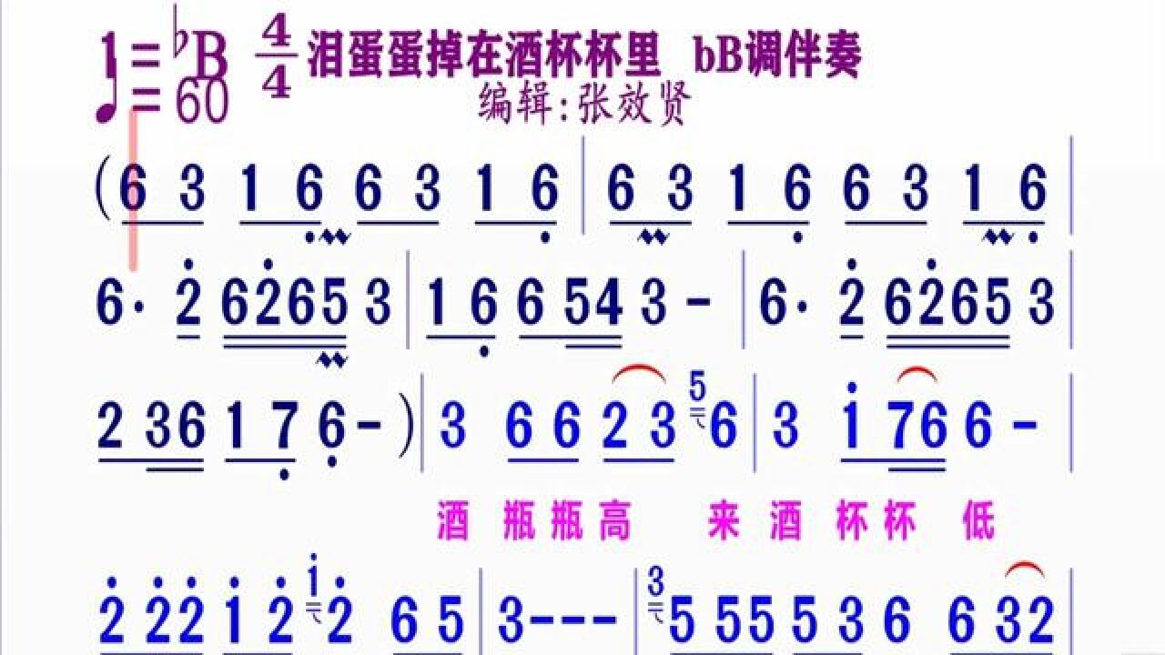 《泪蛋蛋掉在酒杯杯里》动态简谱bb调伴奏